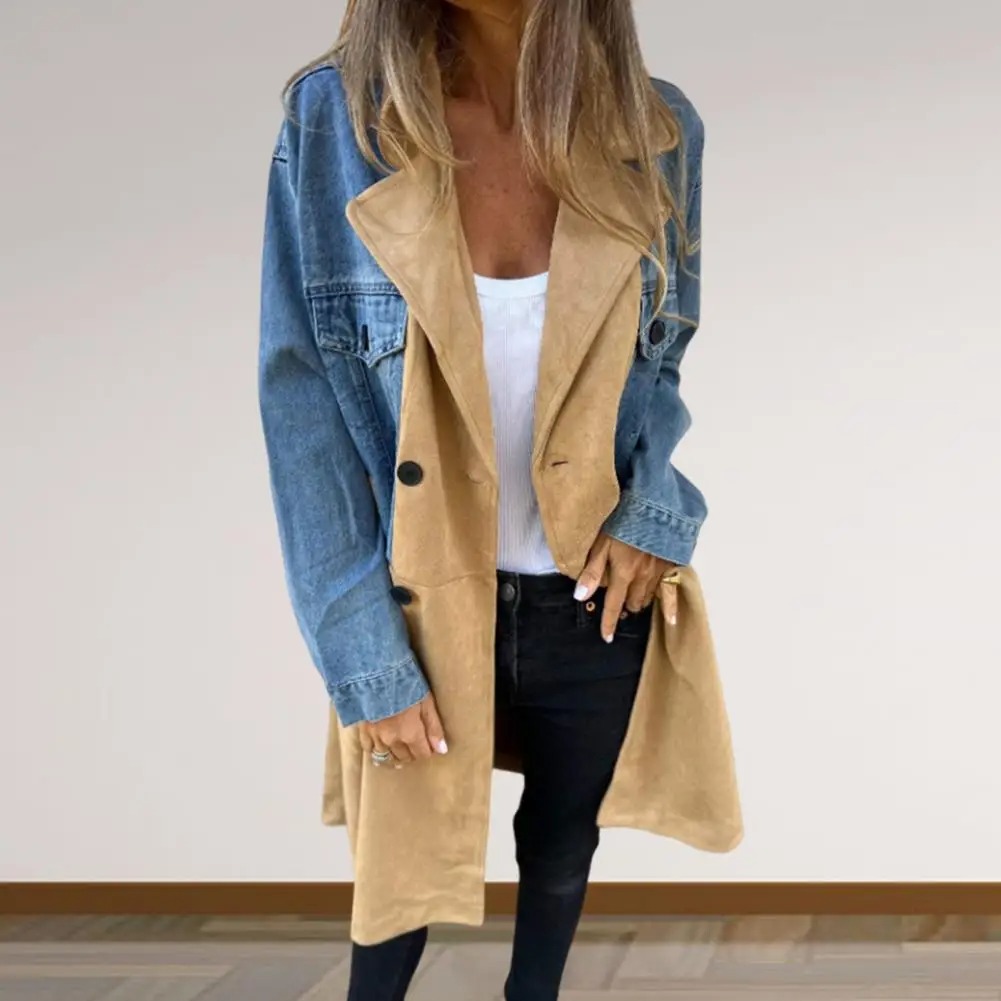 Manteau denim col tailleur longueur mi-long femme