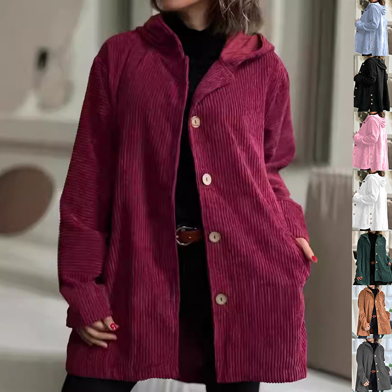 Veste en velours côtelé à capuchon mi-long pour femme