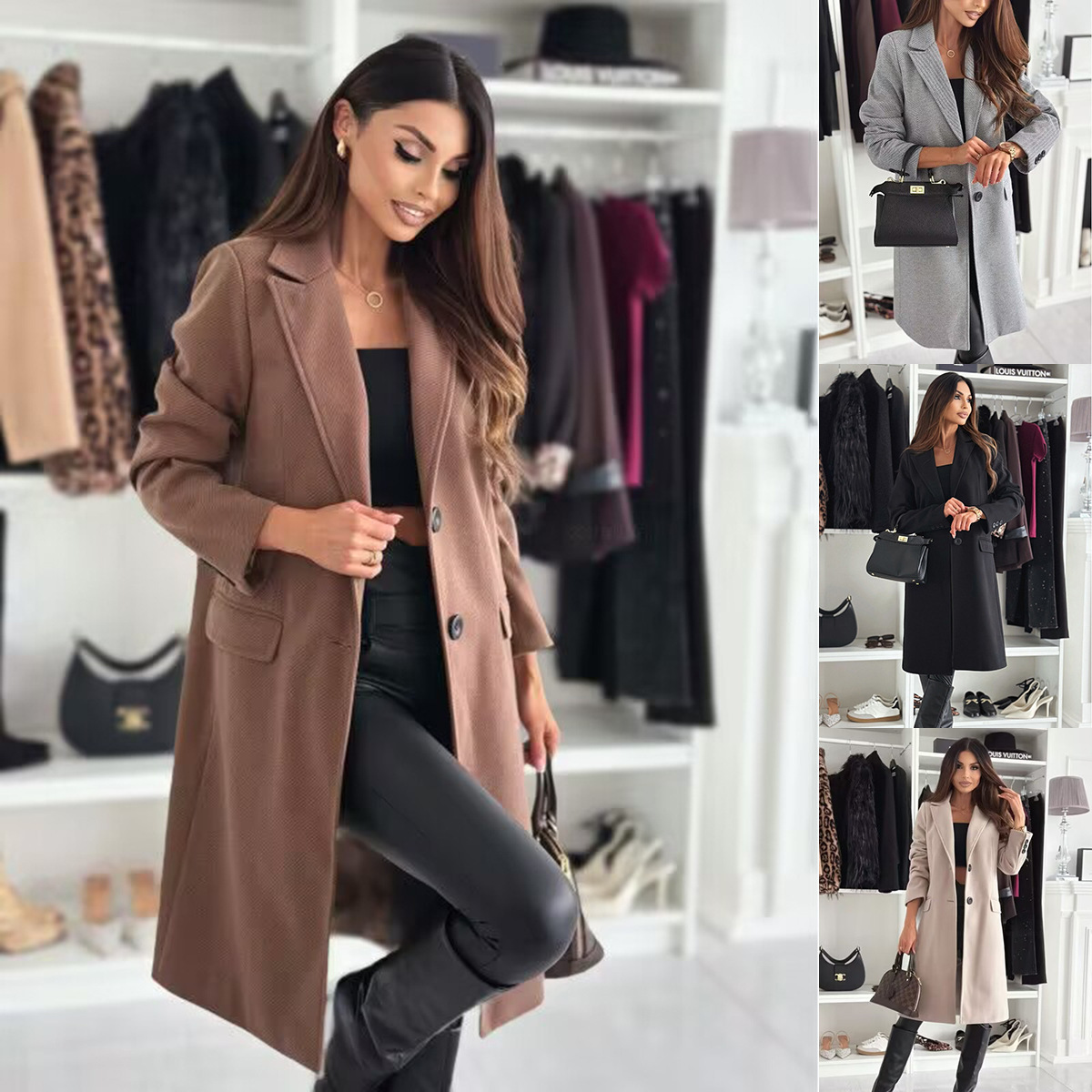 Manteau laine femme col revers simple poitrine long