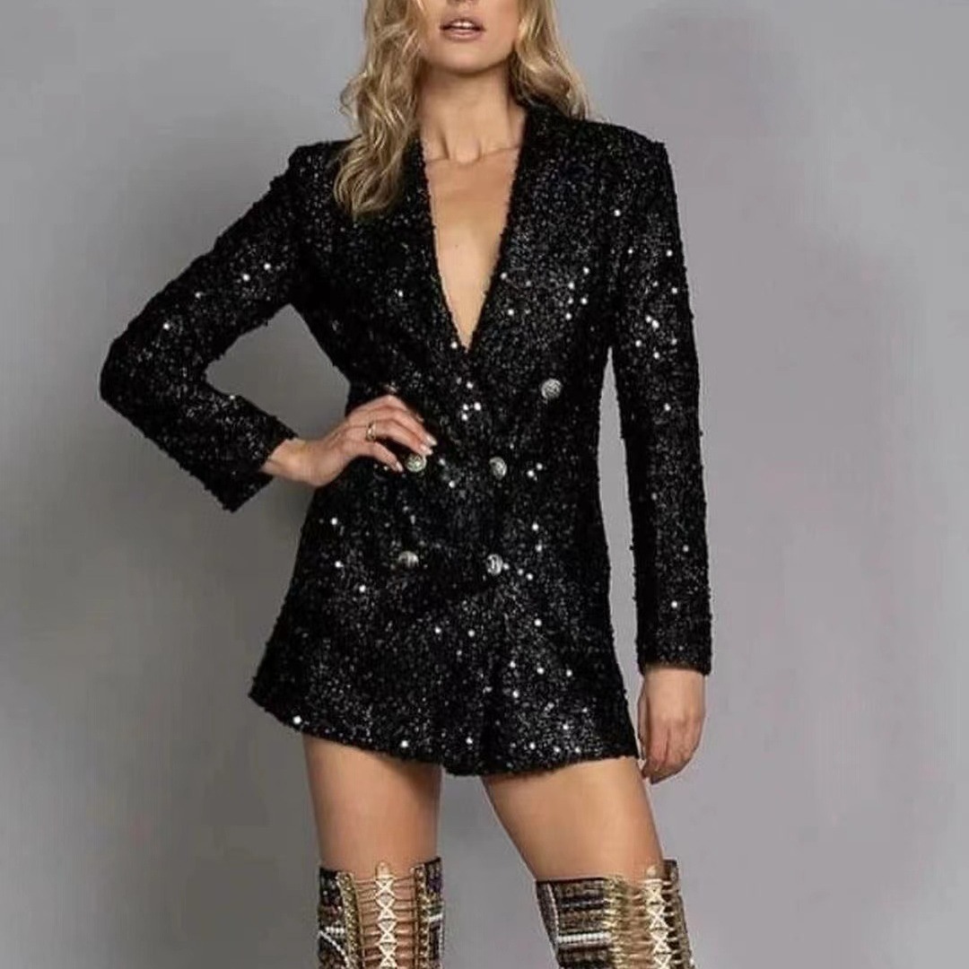 Chemise longue slim col V double boutonnage noir avec paillettes