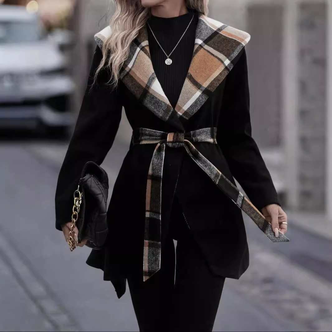 Trench-coat laine carreaux femme mi-long