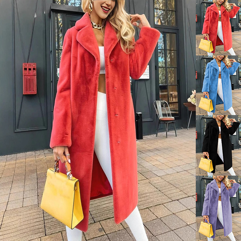 Manteau long peluche femme chic lacets col revers