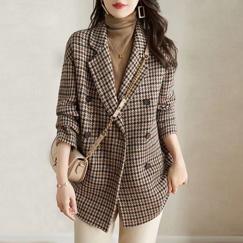 Manteau laine femme col tailleur pied-de-poule
