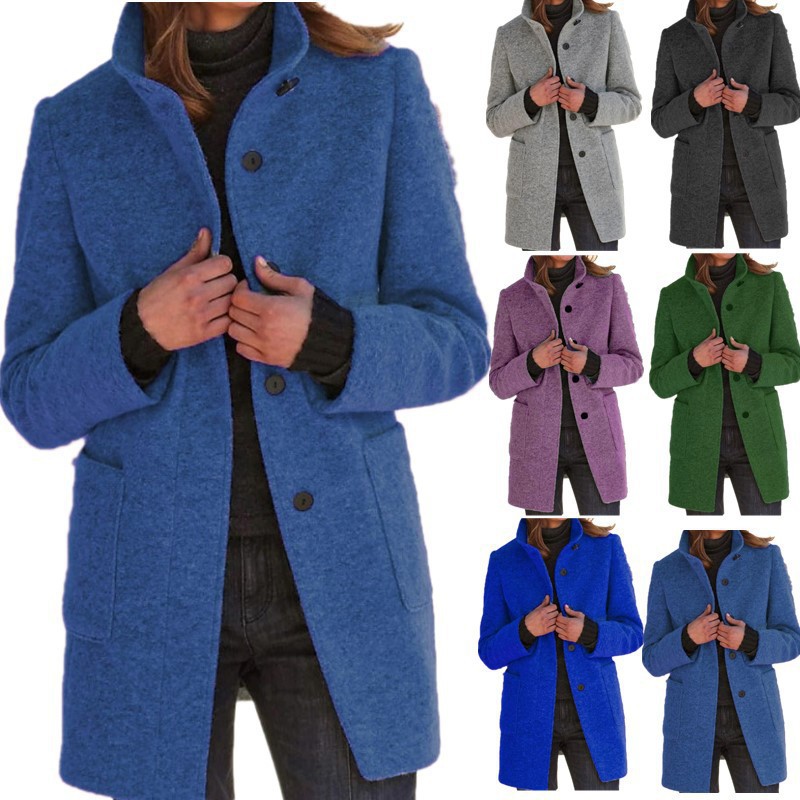 Manteau laine col debout poches femme