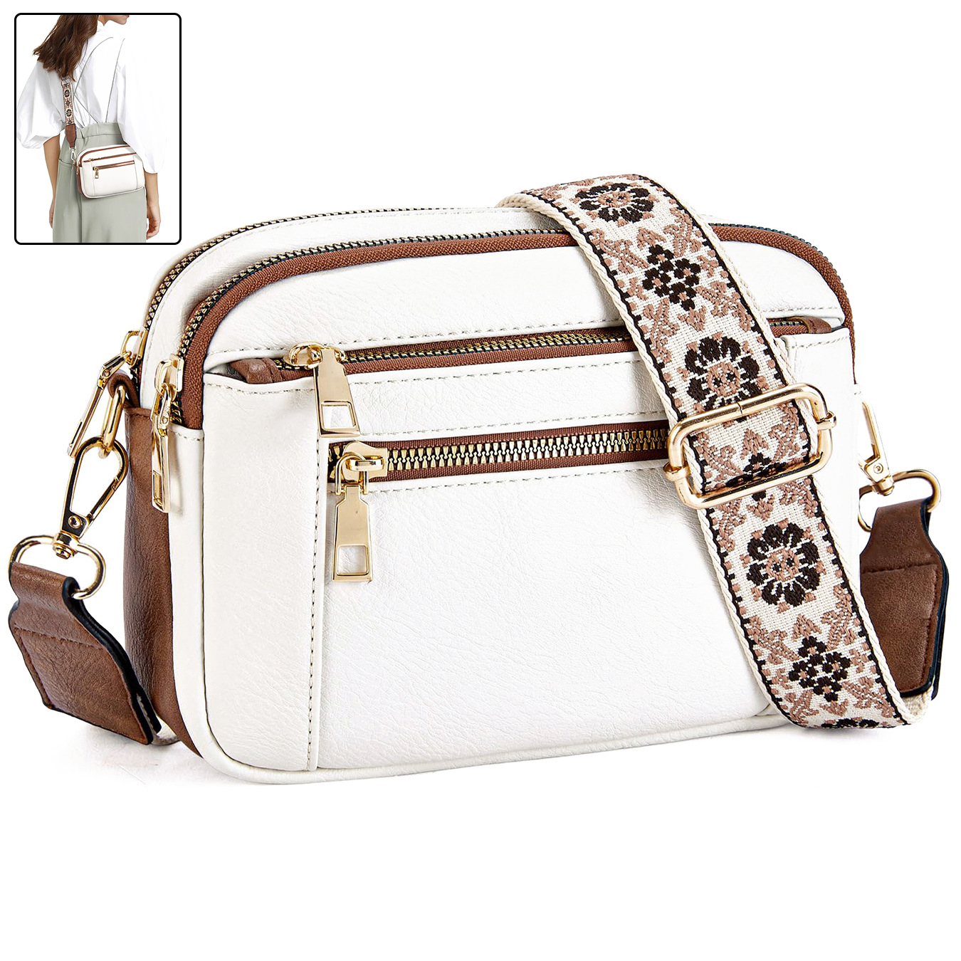 Sac bandoulière triple fermeture motif floral multifonction