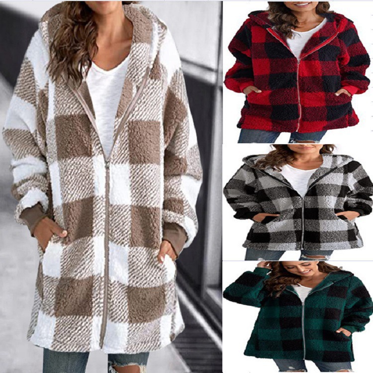 Manteau velours carreauté hooded femme