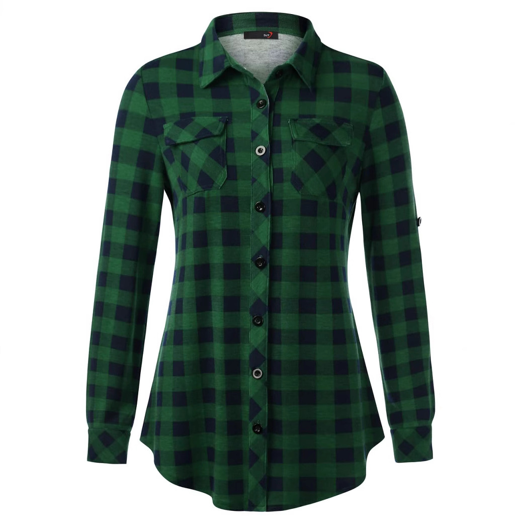 Chemise à carreaux casual imprimée boutons poignets pour femmes