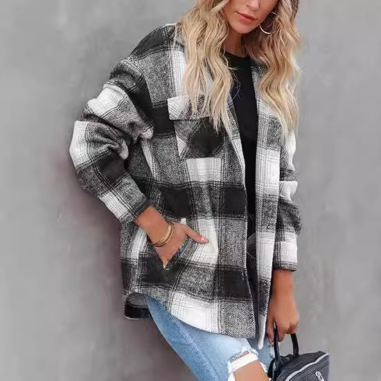 Manteau décontracté carreaux à boucle manches longues