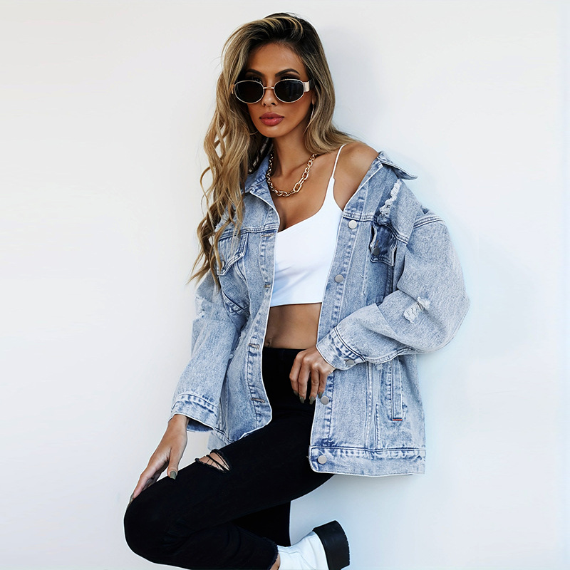 Veste denim déchirée style boyfriend femme