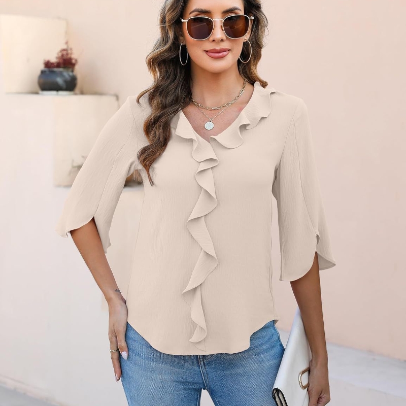 Chemise col V ample volants femme loisir commute