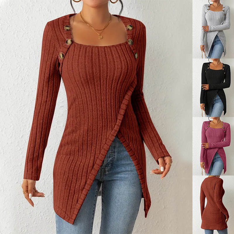 Chandail tricoté col carré irrégulier femme