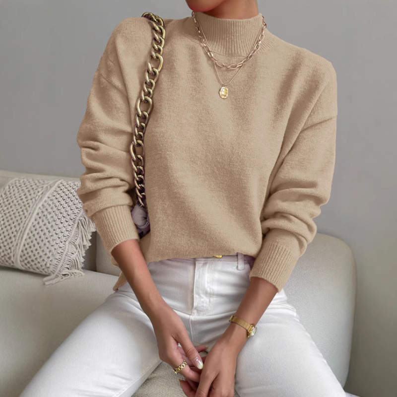 Chandail tricot col demi-haut ample femme couleur unie