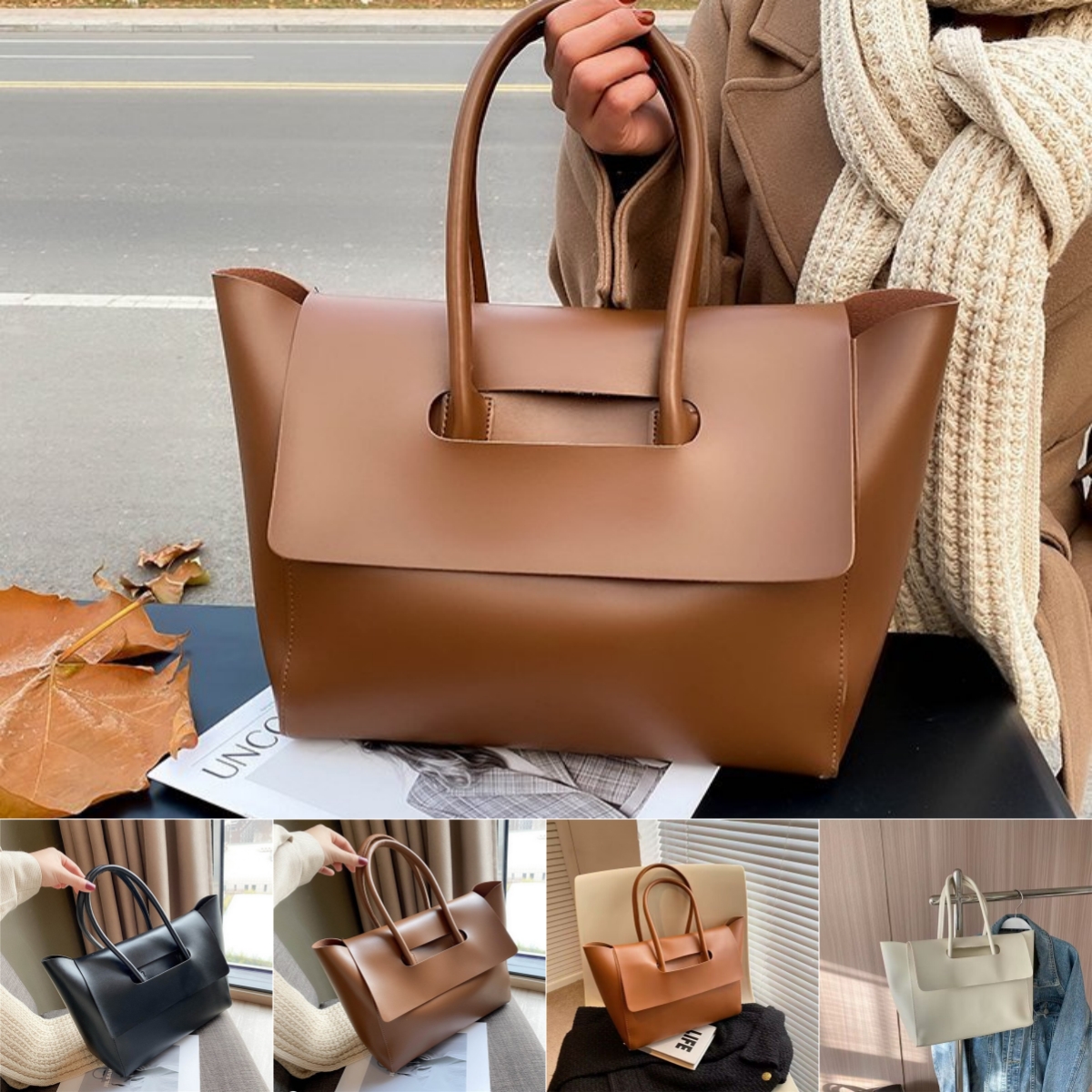 Sac main femme grand capacité rétro tote simple couleur unie