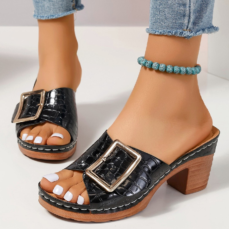 Sandales femme texture crocodile, talon chunky, bout ouvert