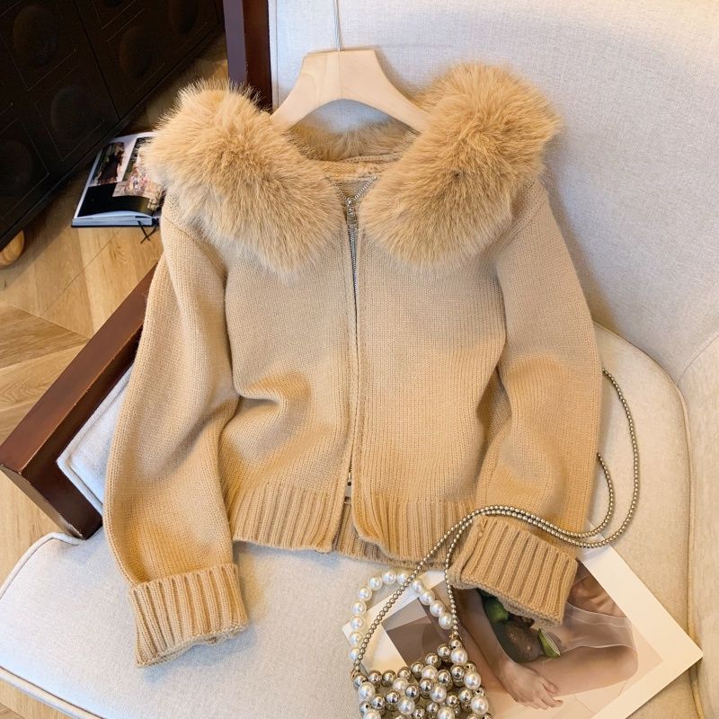 Cardigan tricot col fourrure fermeture double glissière