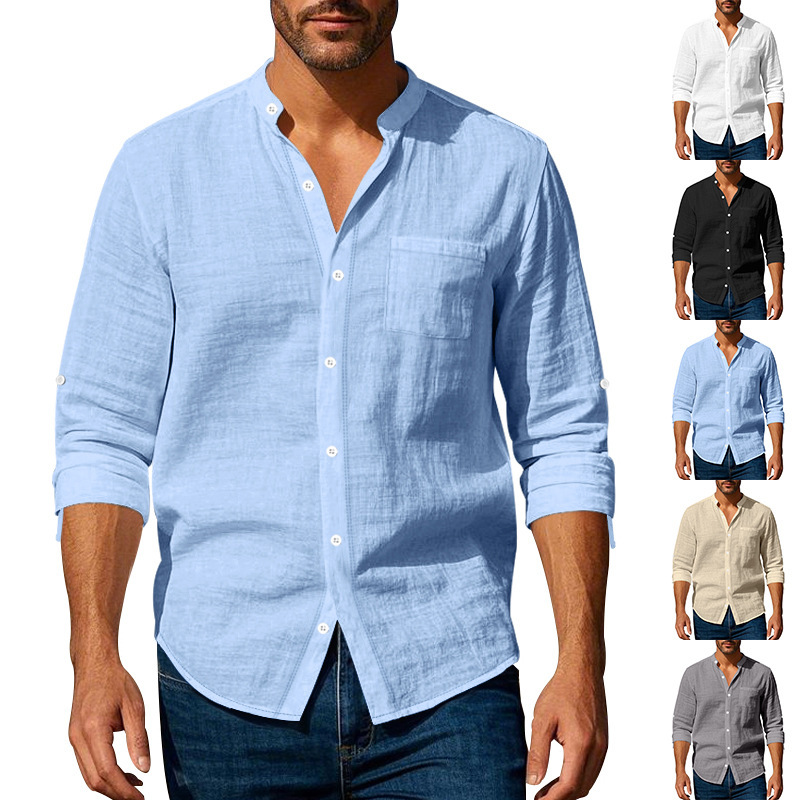 Chemise col montant poches manches longues homme