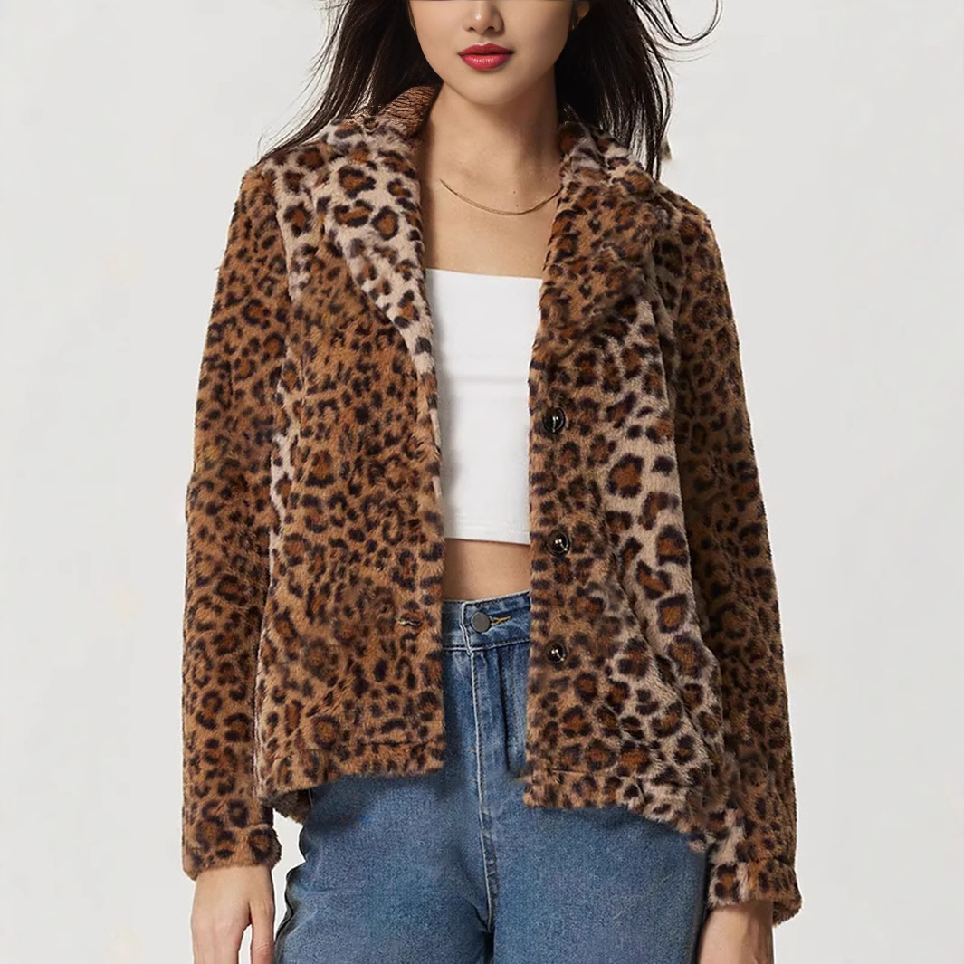Manteau léopard femme col à revers rembourré