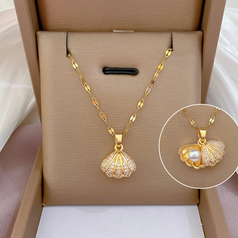 Collier perle coquille strass zircon femme