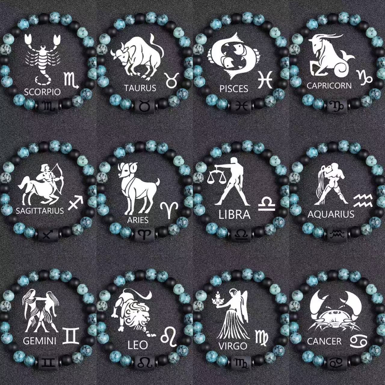 Bracelet Douze Constellations perles obsidienne 8mm