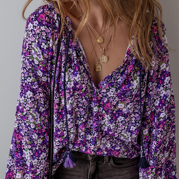 Chemise mousseline imprimé fleur col V femme