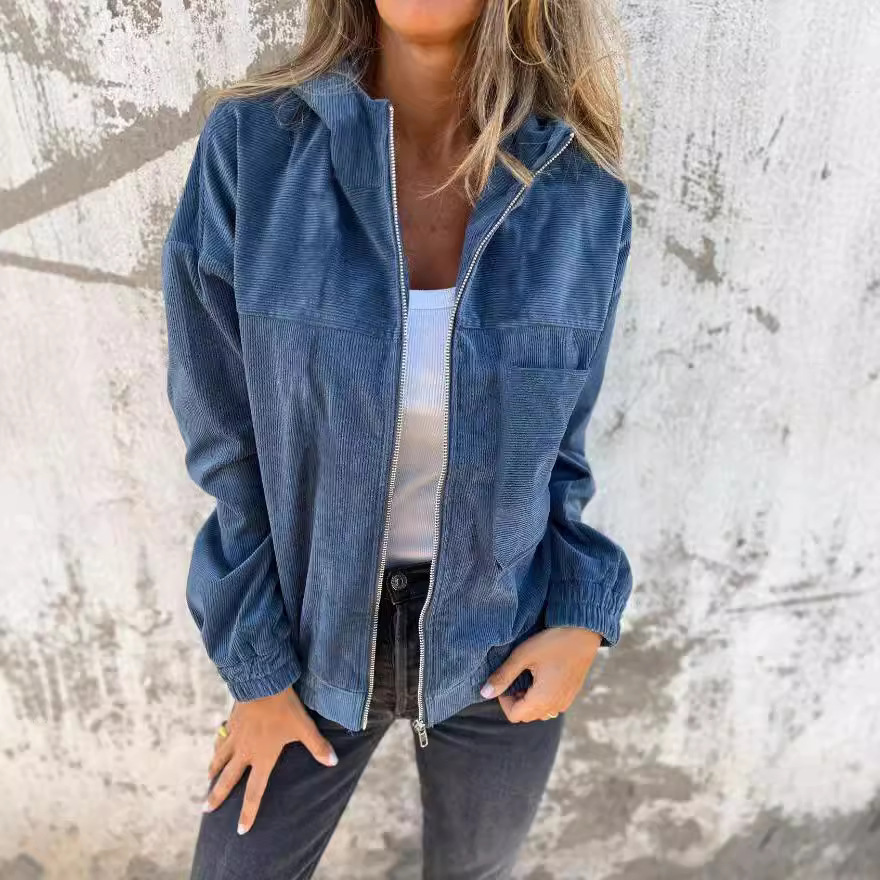 Veste à capuchon velours côtelé simple unie femme