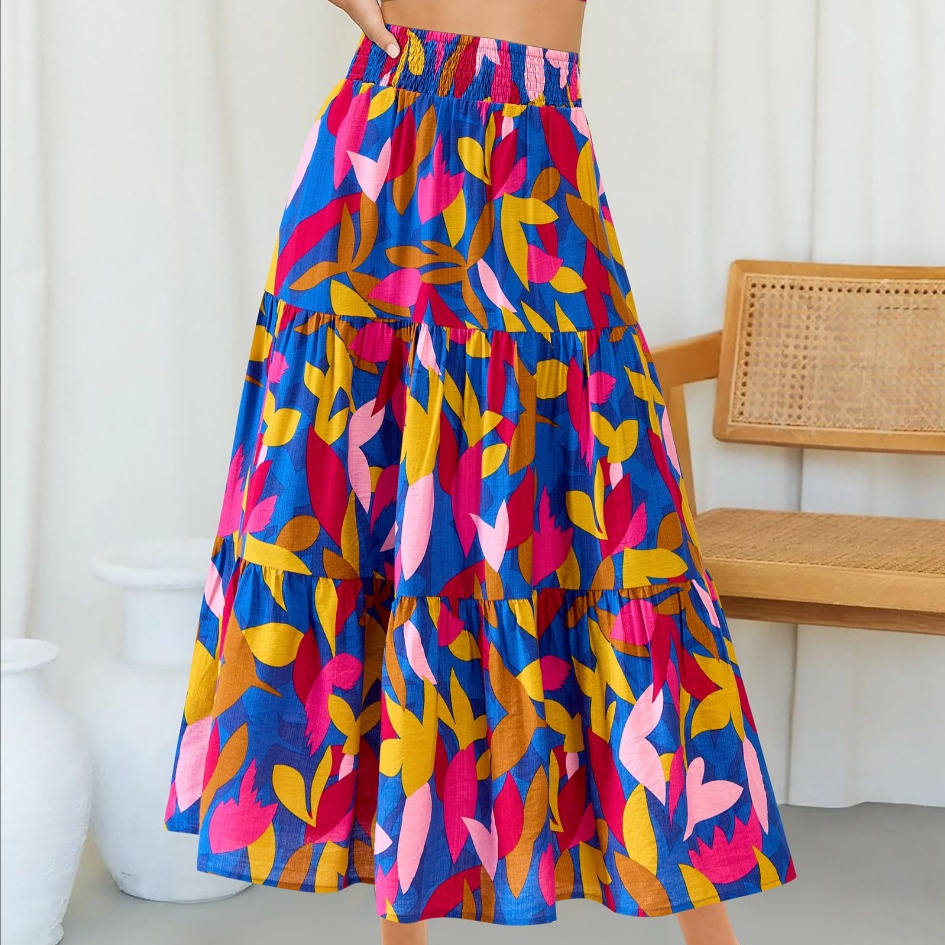 Jupe midi élastique taille haute plissée