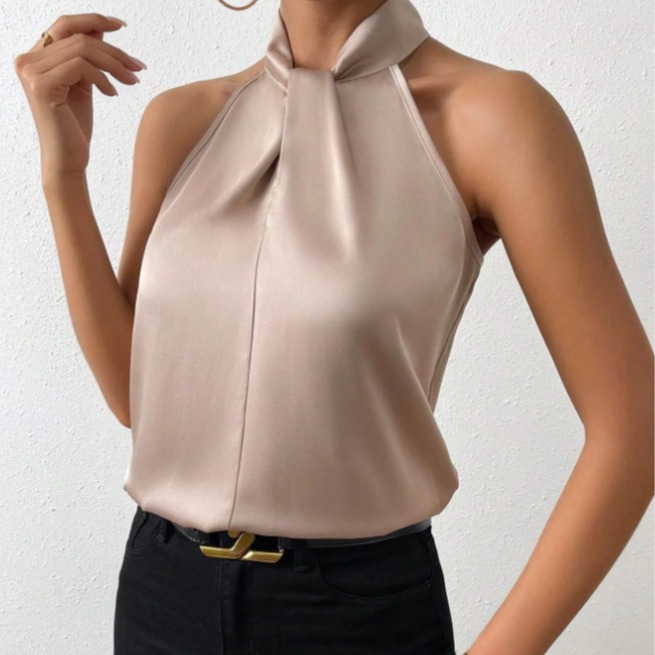 Gilet satiné femme sans manches col cravate