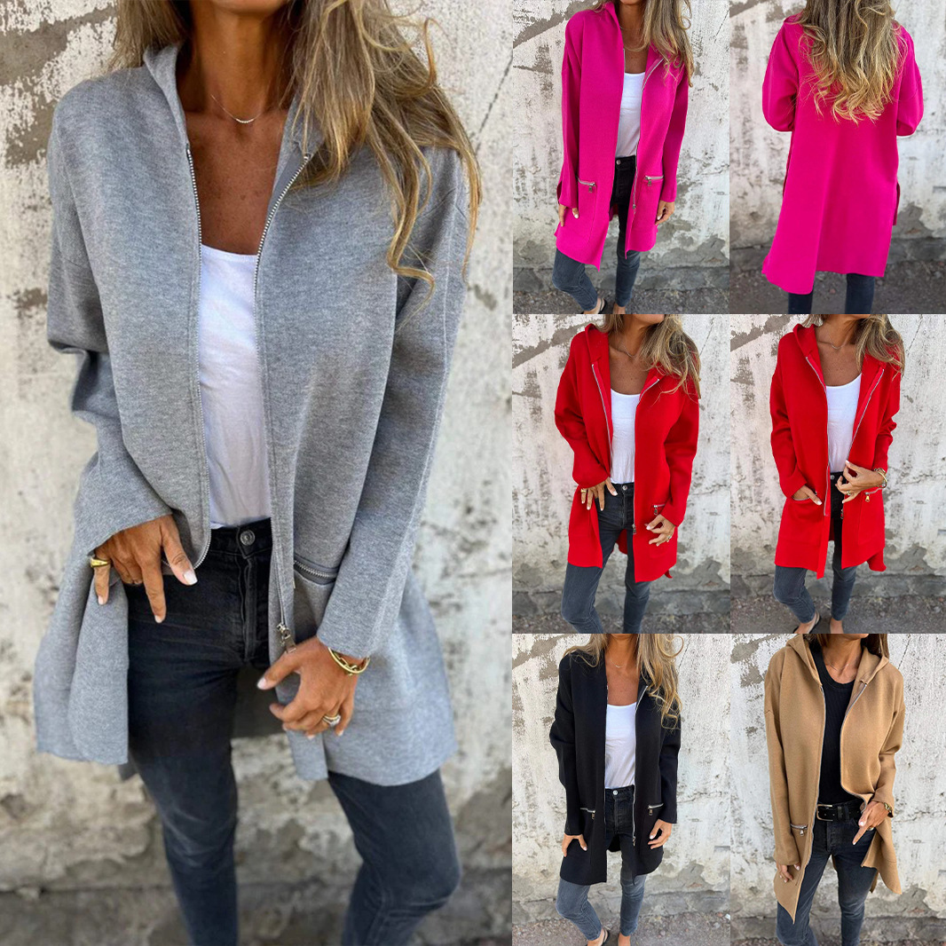 Manteau cardigan à capuche poches automne-hiver