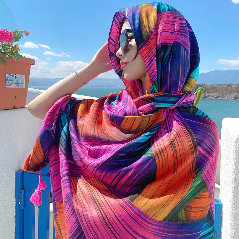 Foulard soie fine protection soleil, style ethnique tibétain