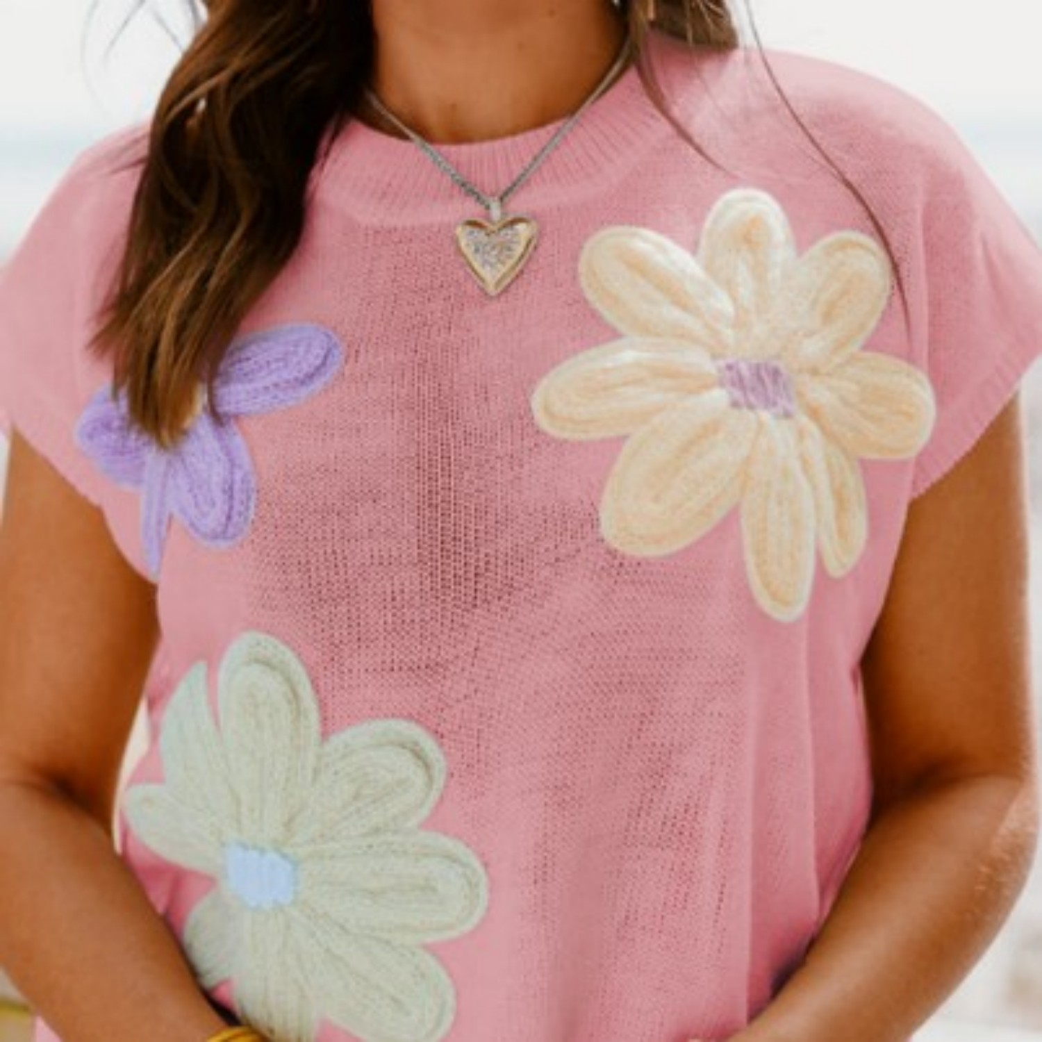 Chemise tricotée à fleurs au crochet multicolore manches courtes