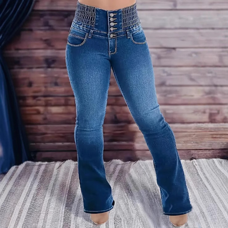 Pantalon denim extensible boutons femme