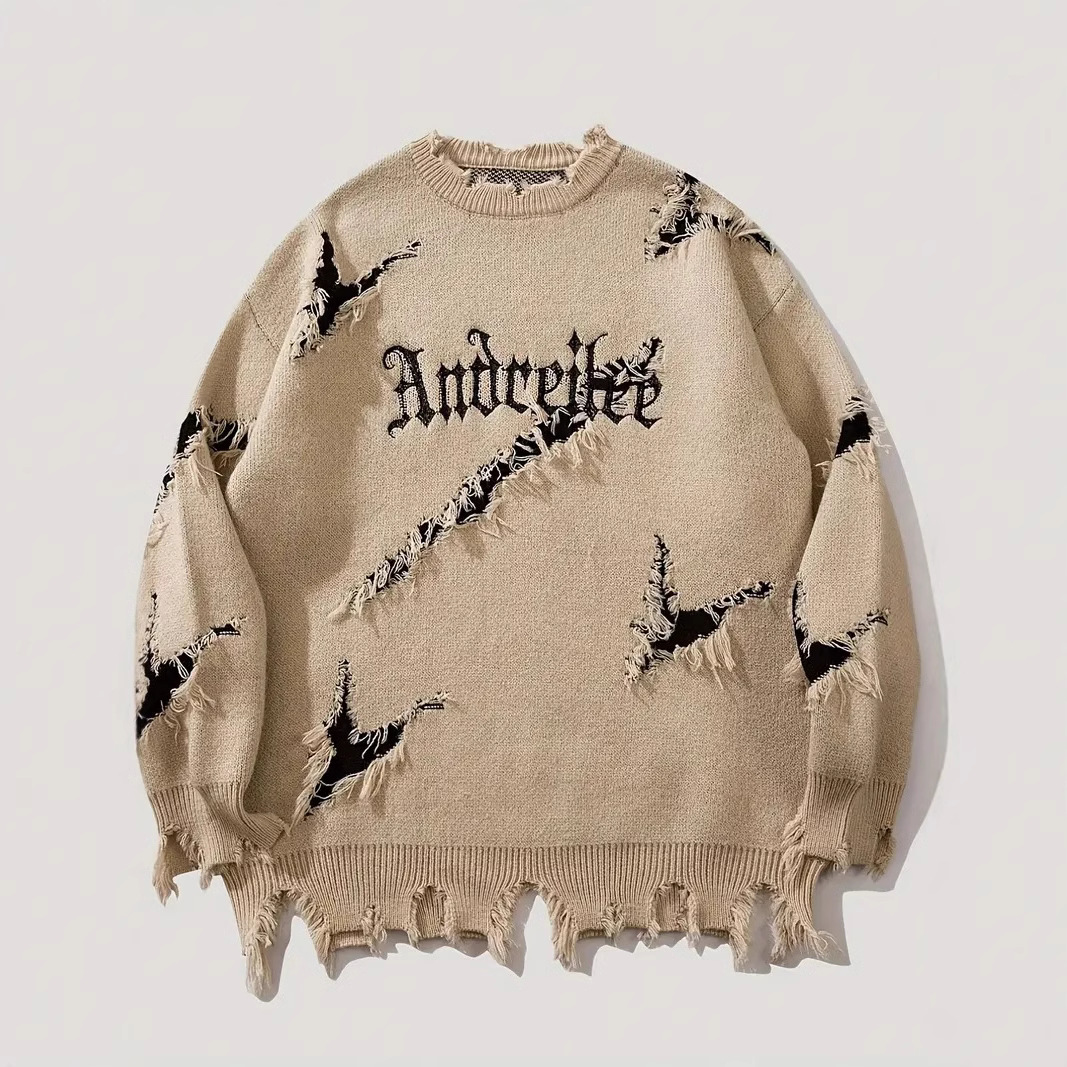 Chandail jacquard ripped vintage ample personnalité