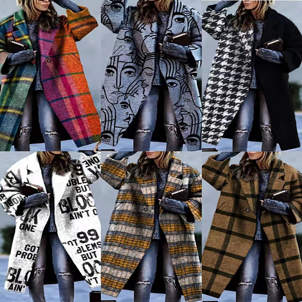 Manteau à carreaux bicolore manches longues femme