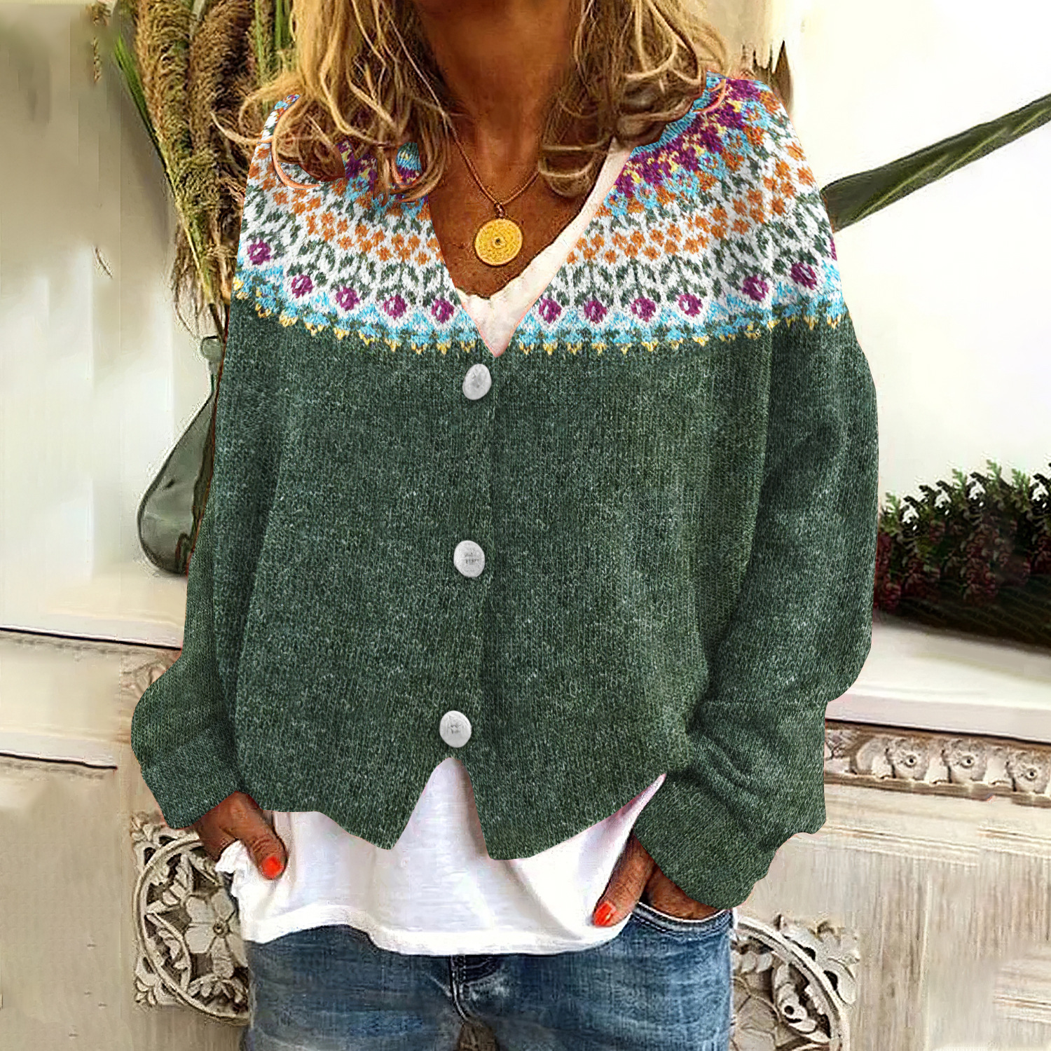 Cardigan col V femme grand tricot épais imprimé