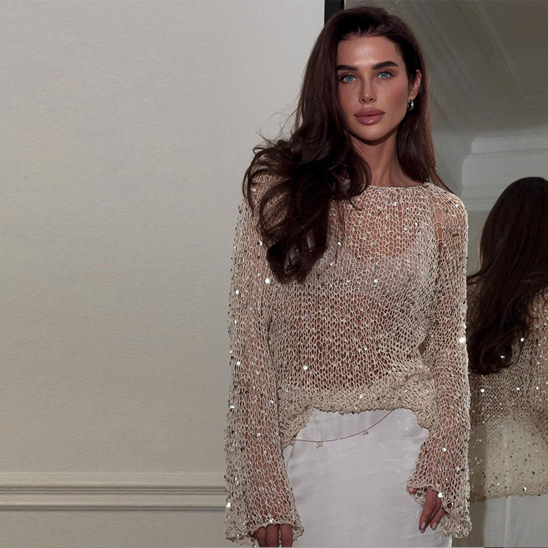 Haut tricoté ajouré paillettes manches longues style casual