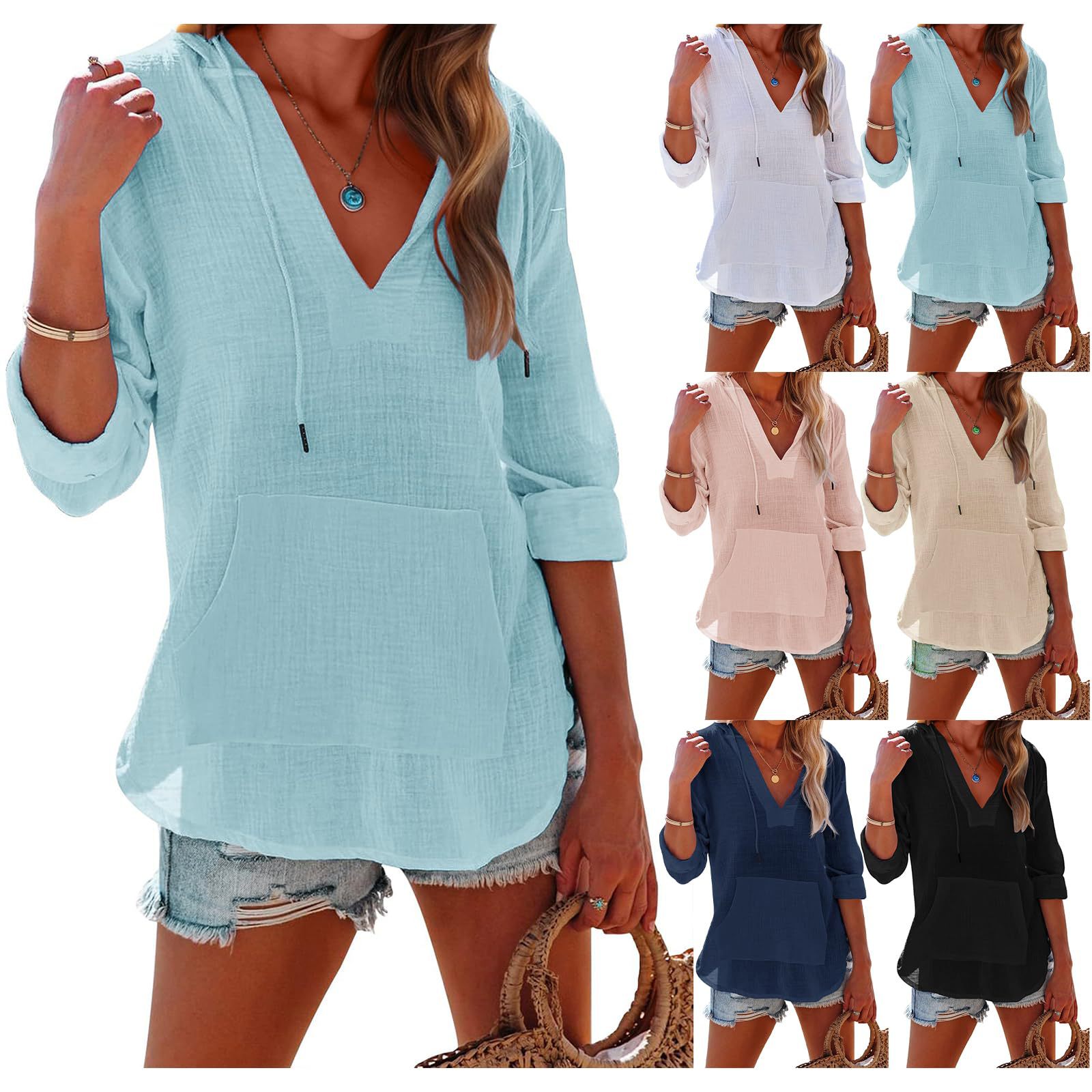 Chemise Capuchon Poches Encolure V Sports Manches Longues Fendue Femme