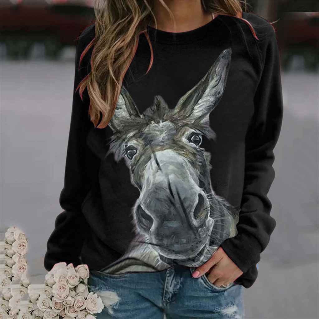 Pull manches longues imprimé tête âne col rond ample