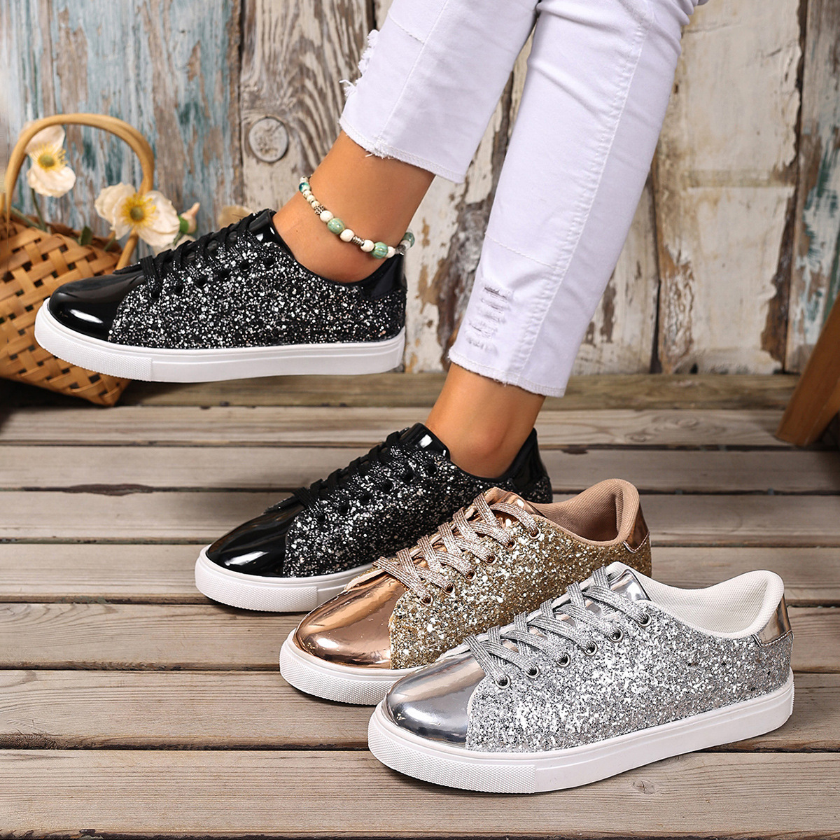 Chaussures toile grande taille paillettes lacet couleur unie