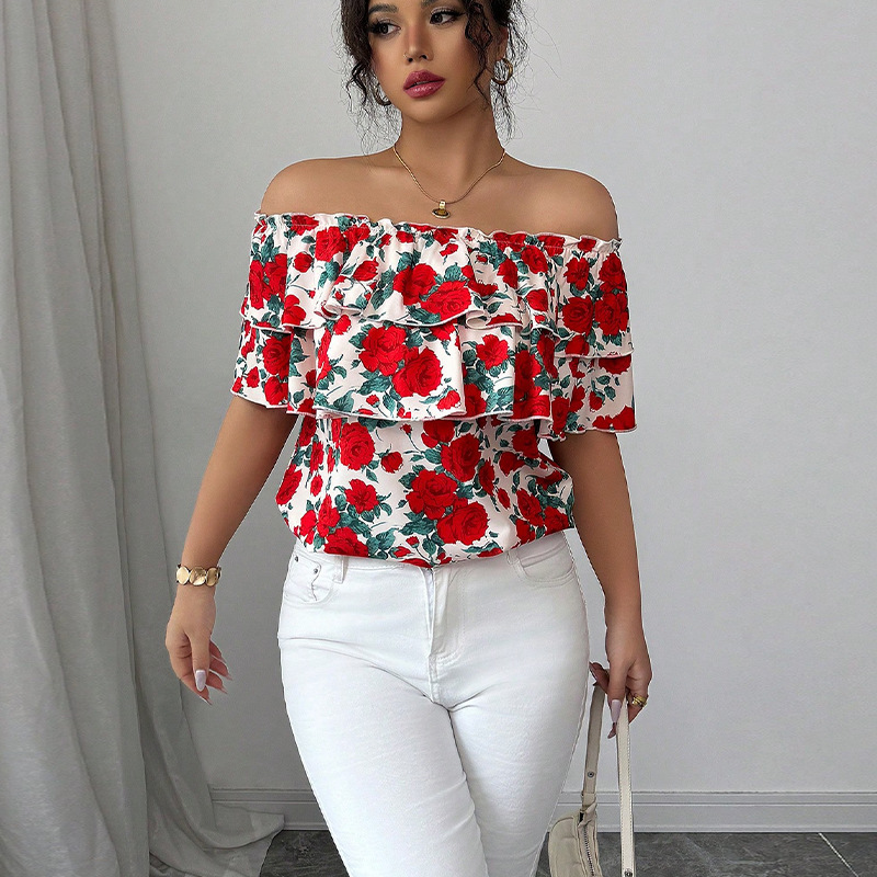 Chemise épaules dénudées volants double couche femme