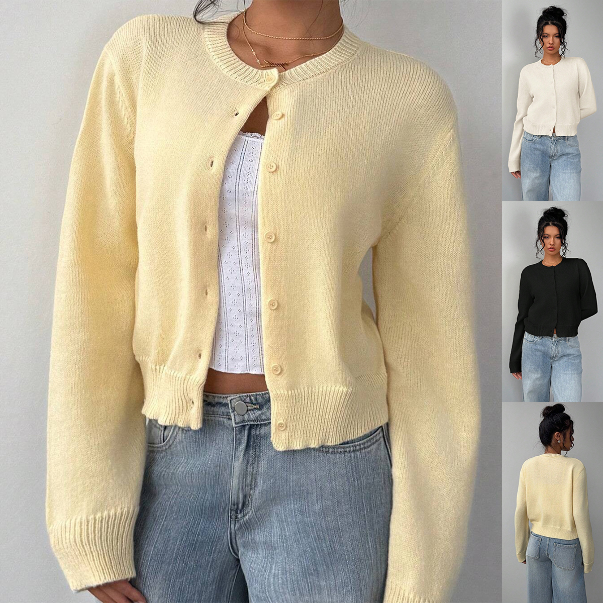 Cardigan tricot manches longues femme couleur unie