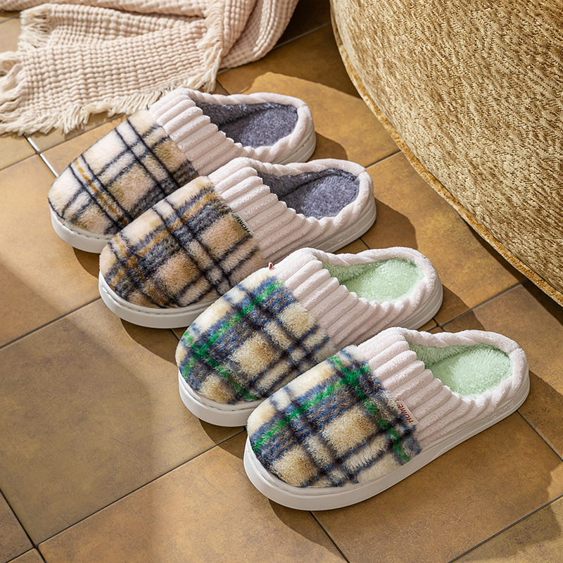 Pantoufles Carreaux Peluche Chaude Antidérapante Couple