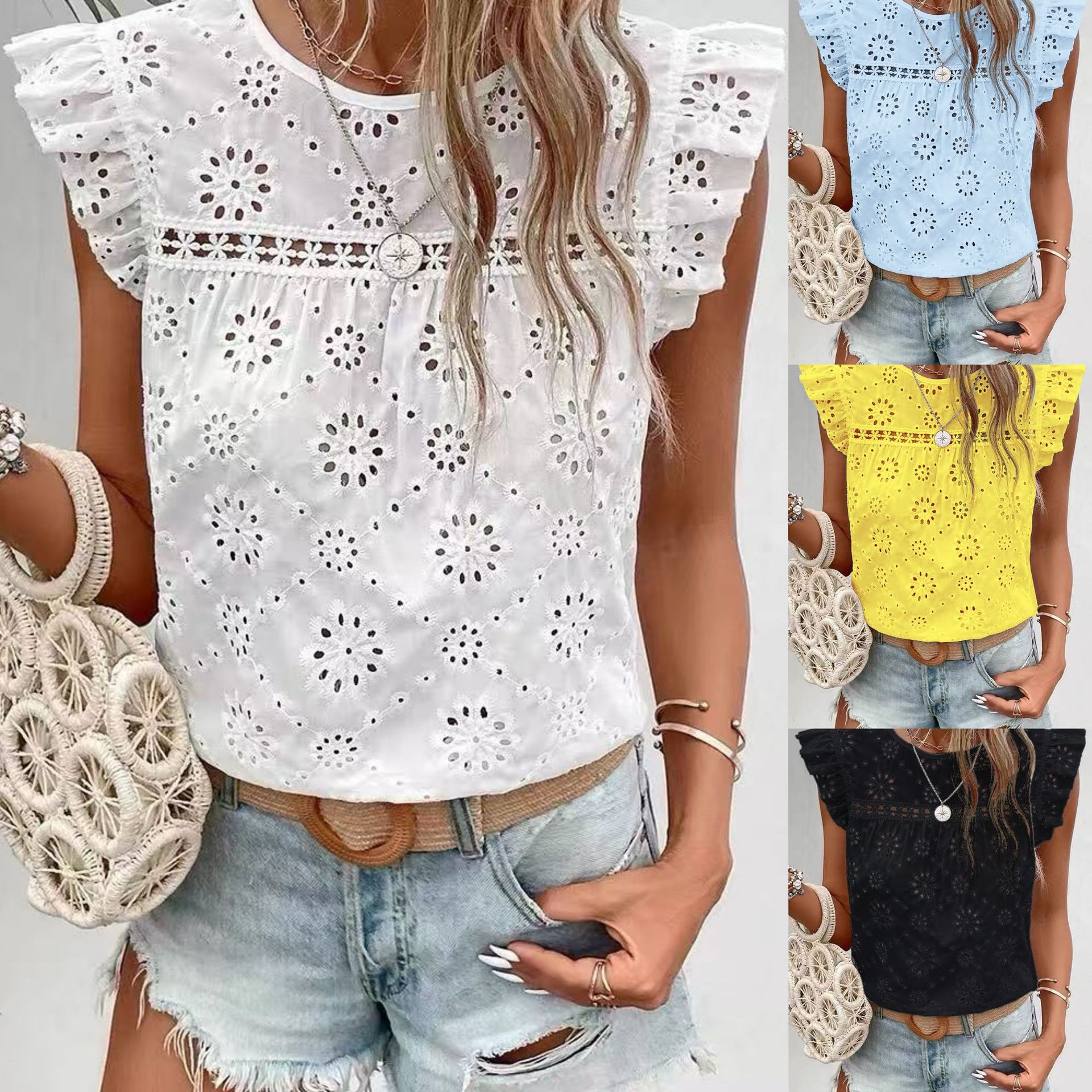 T-shirt femme volantés sans manches creusé pullover tendance