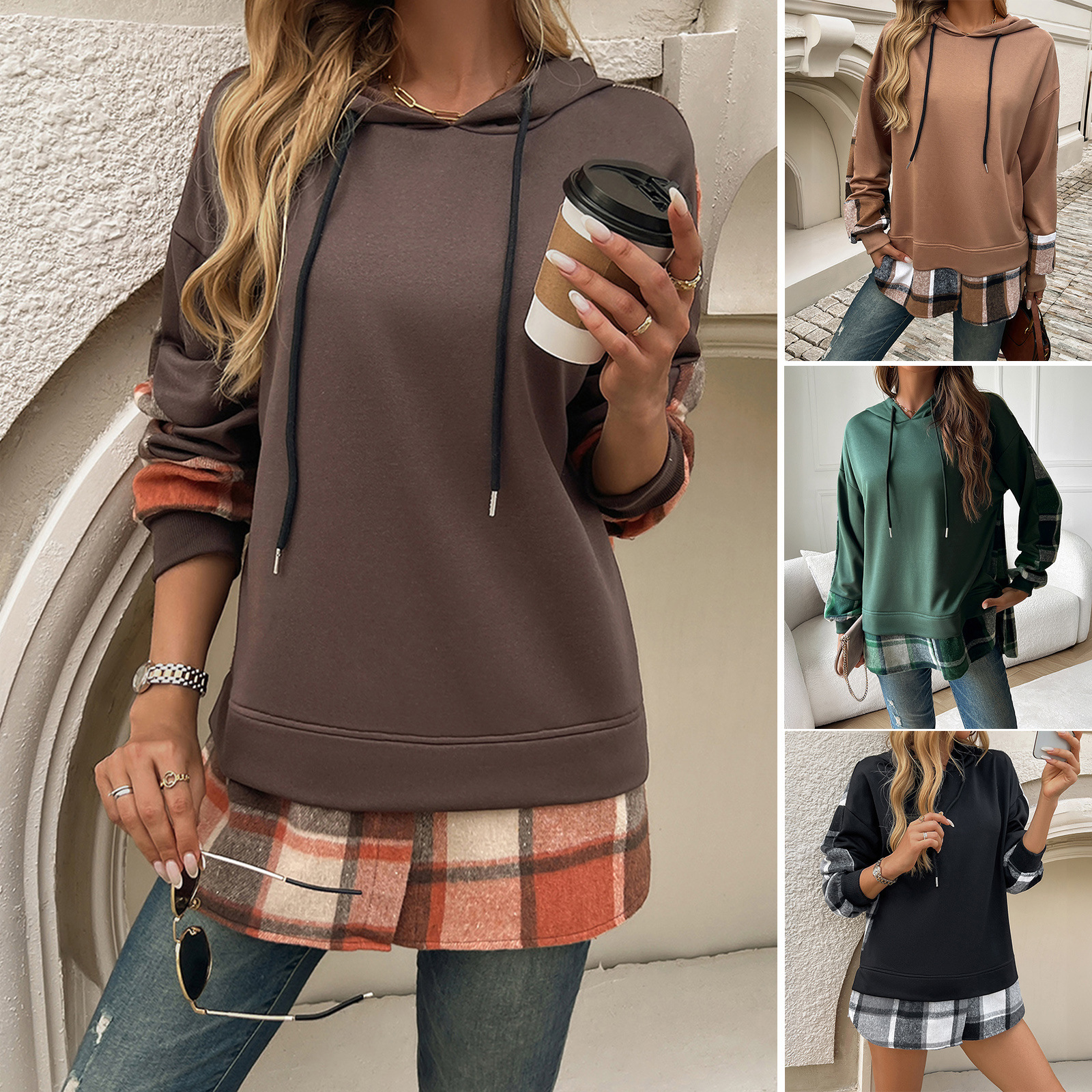 Hoodie surdimensionné patchwork carreaux Y2k femme