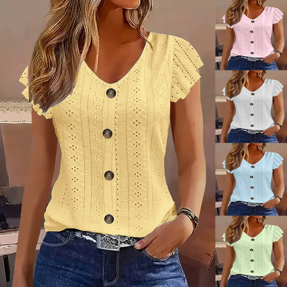 T-shirt col V jacquard boutons manches longues