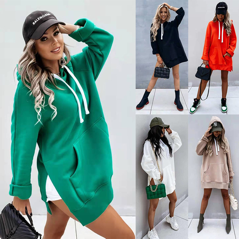 Sweatshirt capuche poches split mid-long