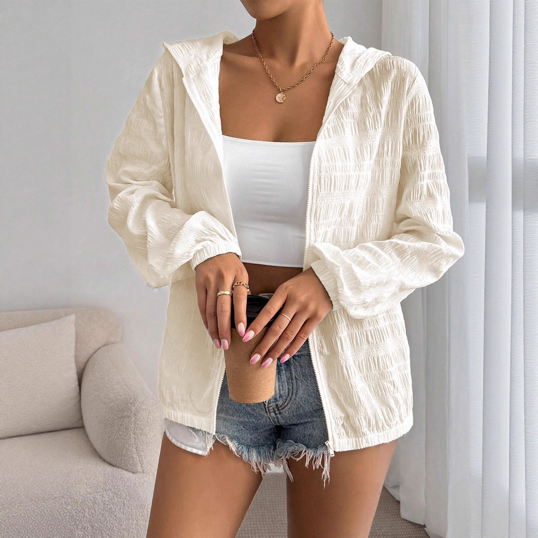 Chemise casual zip manches longues couleur unie