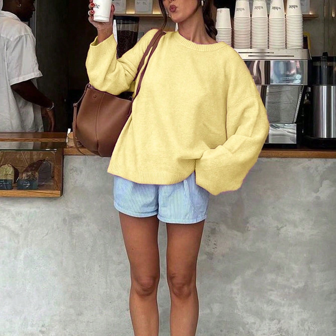 Tricot col rond manches longues jaune femme