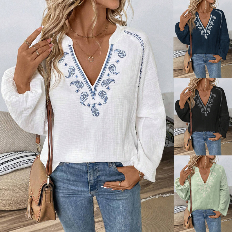Haut en coton à col V avec broderie Fashion Design