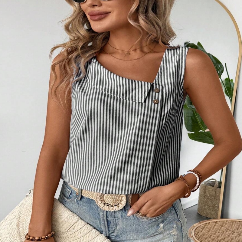 T-shirt sans manches col diagonal rayé multicolore