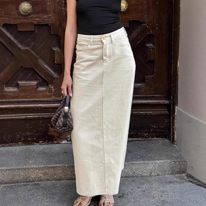 Jupe denim taille haute avec fente femme